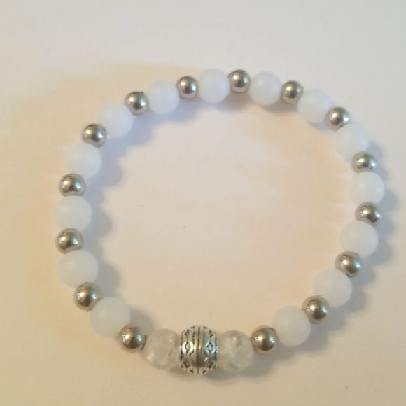 Mens New Custom Made 6mm White & Silver Beaded 8" Expansion Bracelet - Picture 1 of 5